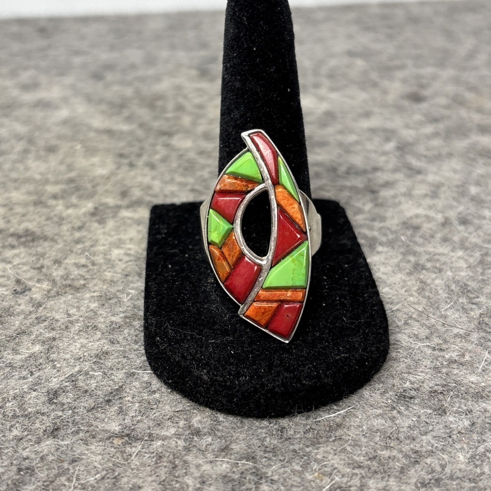 Jay King DTR Sterling Silver Red Coral Green Gaspeite Ring Sz 9.50